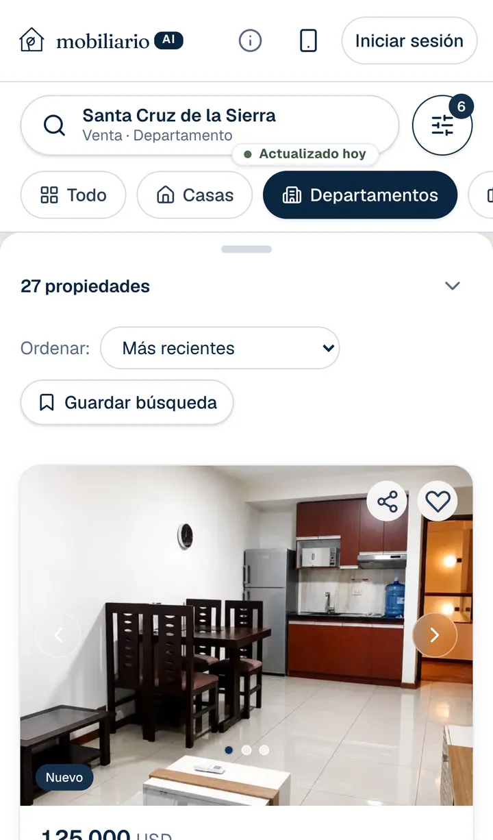 Resultados: la barra dice Venta · Departamento, el botón de filtros muestra 6 filtros aplicados, 27 propiedades, el botón Guardar búsqueda y la primera tarjeta de un departamento.