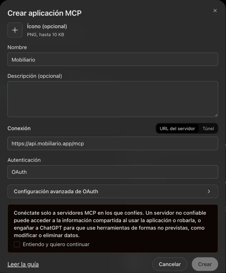 Formulario «Crear aplicación MCP» de ChatGPT con el nombre Mobiliario, la conexión https://api.mobiliario.app/mcp, autenticación OAuth y la casilla Entiendo y quiero continuar.