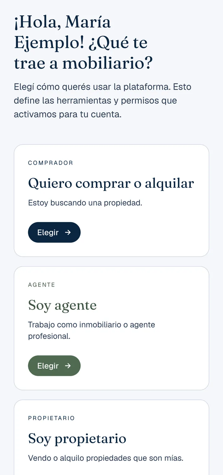 Pantalla «¿Qué te trae a mobiliario?» con tres opciones: Quiero comprar o alquilar, Soy agente y Soy propietario, cada una con su botón Elegir.