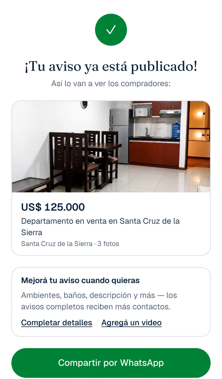 Pantalla «¡Tu aviso ya está publicado!» con la tarjeta del departamento a US$ 125.000, los enlaces Completar detalles y Agregá un video, y el botón Compartir por WhatsApp.